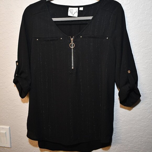 3/$15  Janet Chung Black Metallic Blouse - Picture 1 of 6